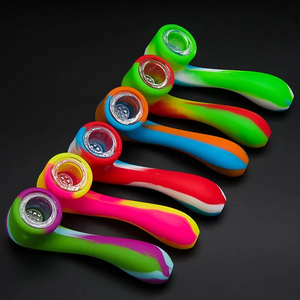 Gros Silicone Tabac Fumer Cigarette Pipe Eau Narguilé Bong Portable Shisha Main Cuillère Pipes Outils Avec Bol En Verre à mr_dabs