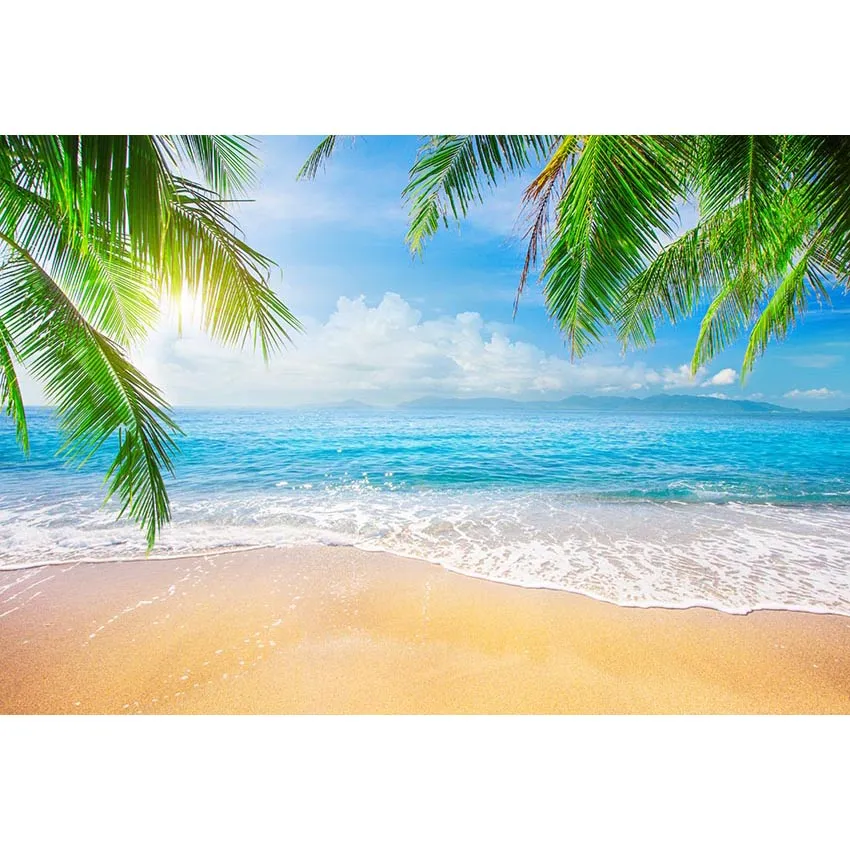 Fondo de playa tropical para fotografía Hojas de palmera impresas Bokeh Sunshine Cielo azul y mar Fondo de foto escénica junto al mar