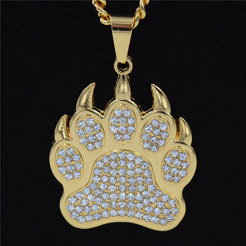 Hip Hop Bear Paw Footprint Gold Anhänger Halsketten Anhänger Bling Bling Eced Out Kristall Halsketten Edelstahl Seilkette 9003919