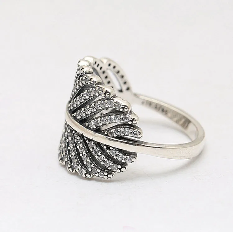 925 Sterling Silver Feather Rings med Clear CZ Diamond Fit Style Jewelry for Women 18K Rose Gold Crystal Wedding Ring8605849