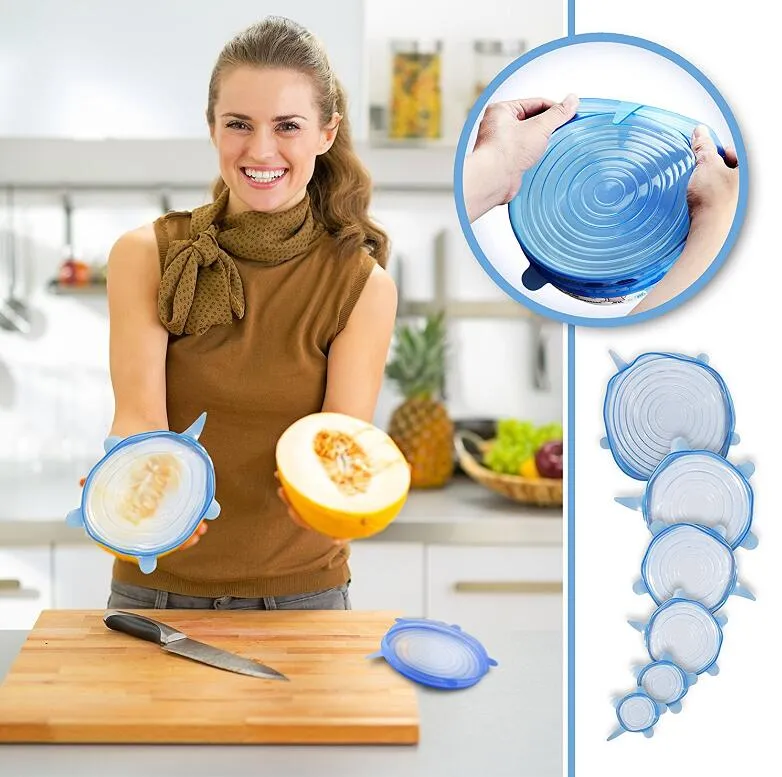 6 pçs / set tampas de estiramento de silicone tampa universal Silicone food envoltório tigela panela tampa de silicone pan panela de Cozinha acessórios de cozinha