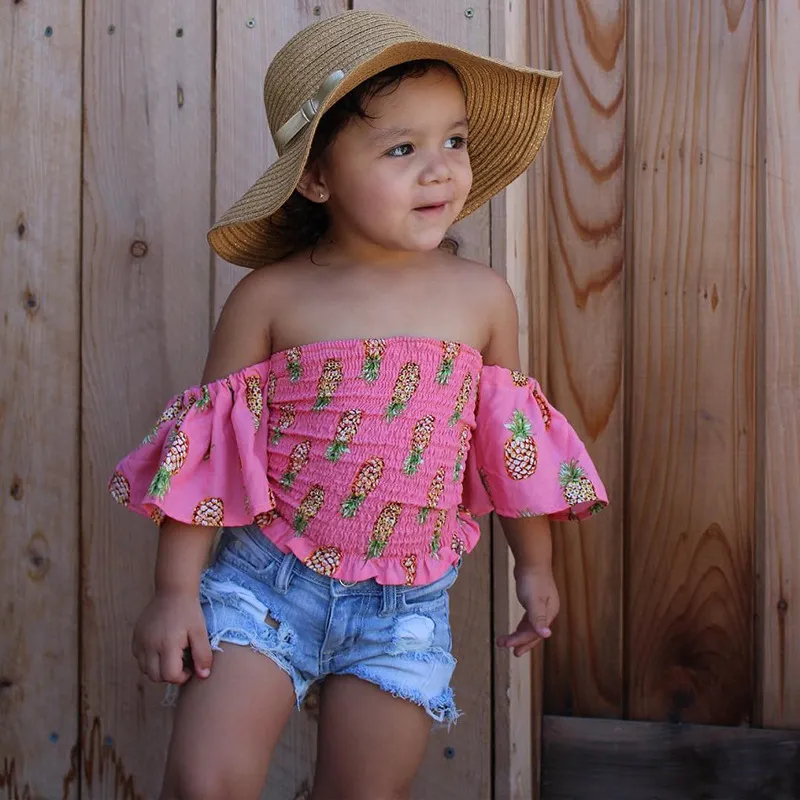 2018 Nouveau Bébé Filles Mode Ensemble Ananas Imprimé Tops Chemise + Denim Shorts Tenues Enfants Vêtements Mignon D'été Bébé Filles Vêtements Ensemble