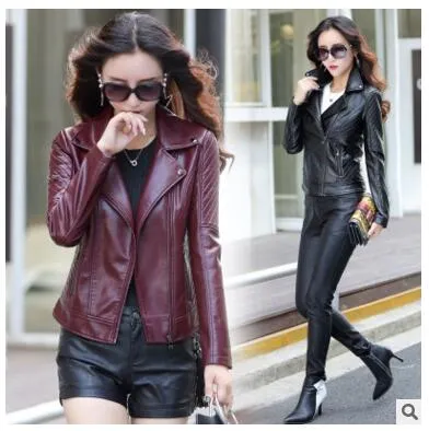 Red Leather Jacket Women New Fashion Autumn Long Sleeve Slim Sexy Short Coats Black PU Motorcycle Jacket Plus Size 3XL