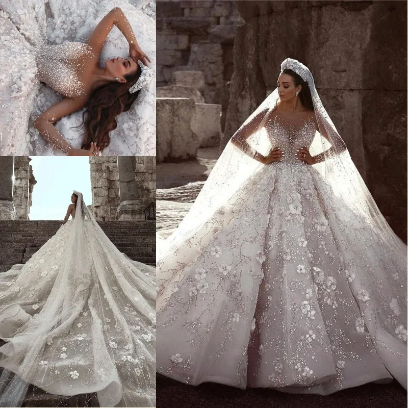 Dubai Arabic Luxury Ball Gown Wedding Dresses 2019 Illusion Long Sleeves Flowers Full Beading Crystal Cathedral Train Bridal Gowns