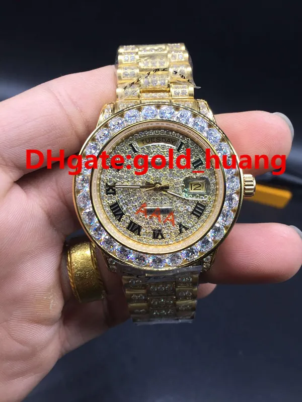 تاريخ يوم الماس الكامل Big Bezel Luxury Watch Automatic Men's Watches Wristwatch All Diamond Band (الذهب والفضة)