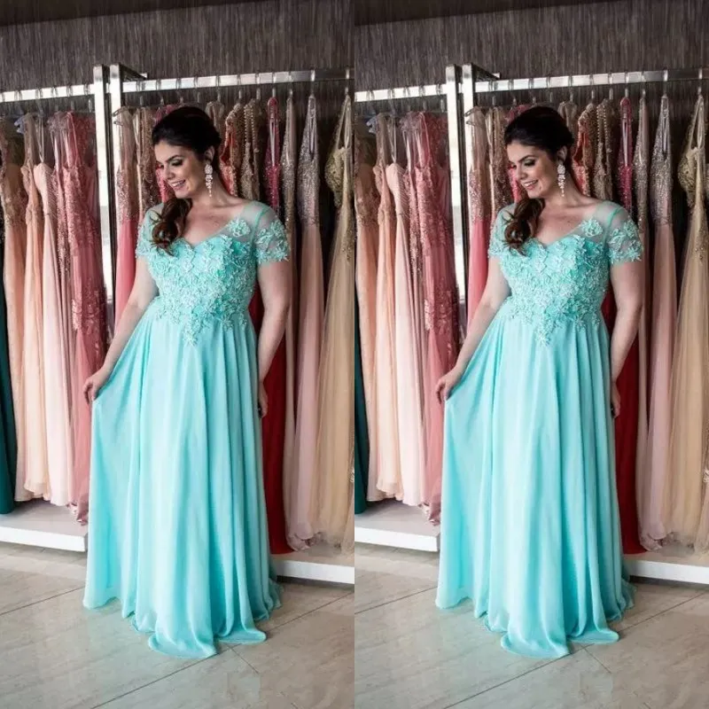 2018 Plus Size Mother of The Bride Dresses V Neck Short Sleeves Pretty Lace Appliqued A Line Chiffon Aqua mother off bride dresses