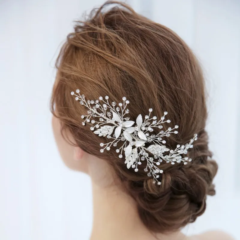 Splendidi capelli fatti a mano in foglia d'argento, pettine da sposa, strass, accessori per capelli da sposa, gioielli per capelli da donna