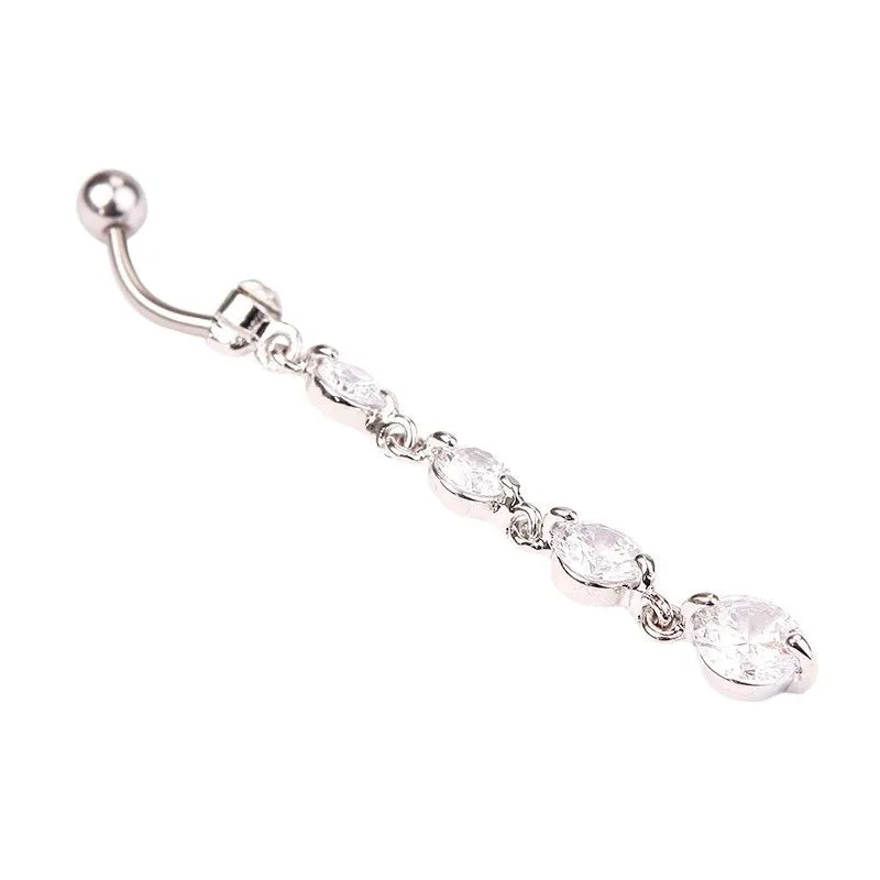 Stainless Steel Zircon Long Dangle Round Rhinestone Navel Belly Ring Button Bar Barbell Rings Piercing Reverse Jewelry