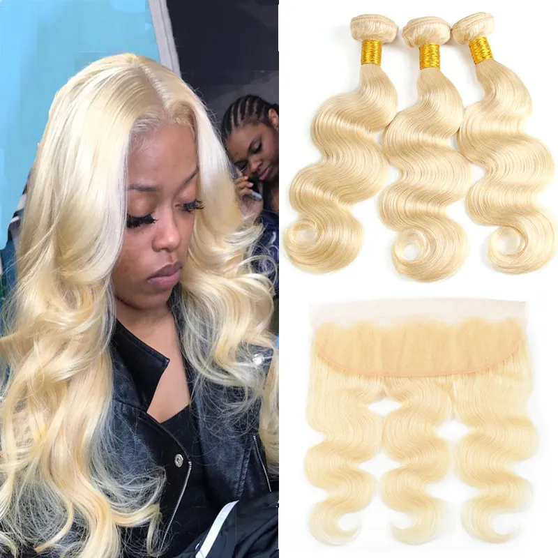 Peruviaanse blonde maagd haar 13 * 4 kant frontaal met 3 bundels body wave Braziliaanse Maleisische kleur 613 blond menselijke remy haar weeft 10-24 inch