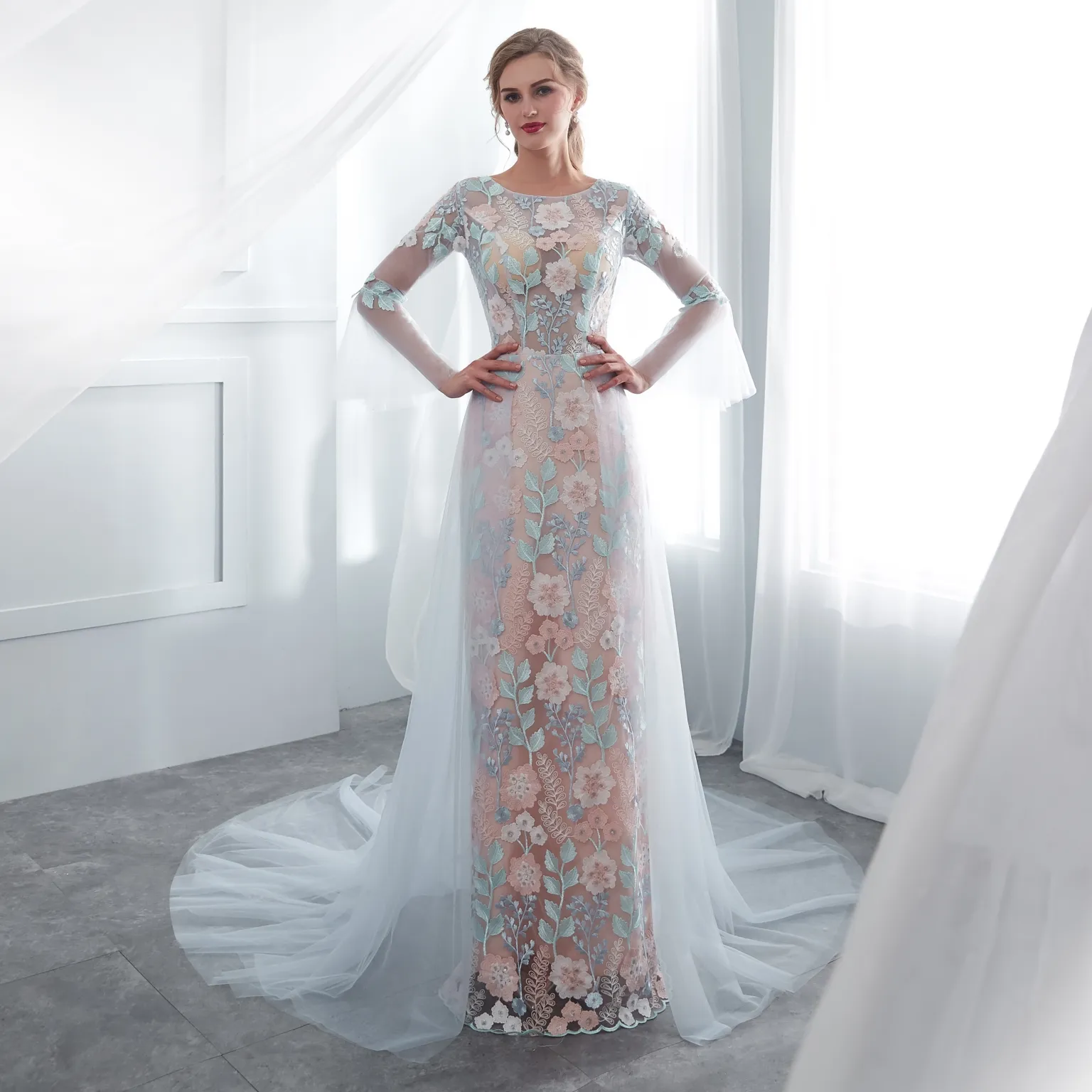 Robe de mariage Colorful Embroidery Boho Bridal Dress Blue Dresses Colorful Wedding Dresses Long Sleeves Rob Robe mariee 23E010