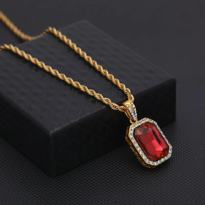 Mens Bling Faux Lab Mini Ruby Pendant Necklace 24" Rope Cuban Chain Gold Plated Iced Out Sapphire Rock Rap Hip Hop Jewelry Gift