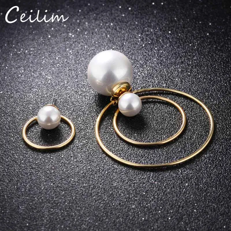 Minimalist Pearl Big Circle Ear Ring For Women Copper Asymmetry Earring Female Dainty Pearl Hoop Earrings Bijoux Brincos Jewelry
