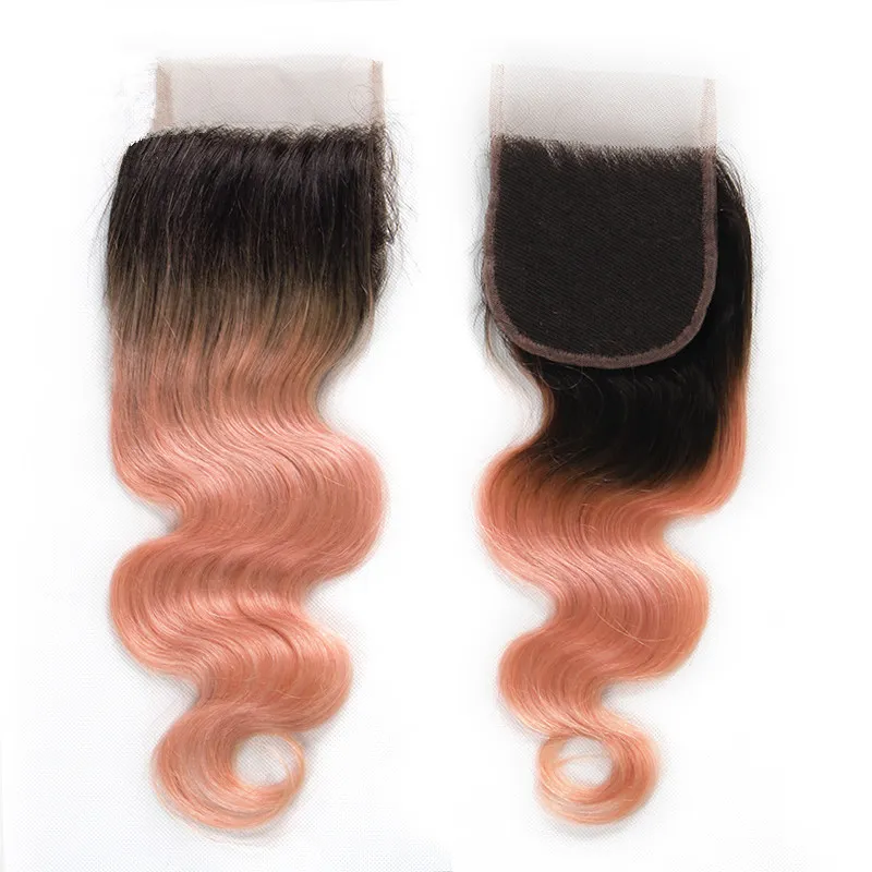 Body Wave Ombre # 1B / Rose Gold Bundles de tissage de cheveux humains vierges péruviens avec fermeture Ombre Rose Tissage de cheveux humains avec fermeture à lacet 4x4