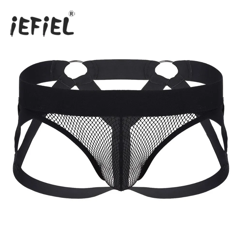 Lingerie pour hommes voir à travers la poche de renflement en résille dos ouvert évider à bretelles Gay Sexy Jockstrap Bondage slips sous-vêtements sous-vêtement