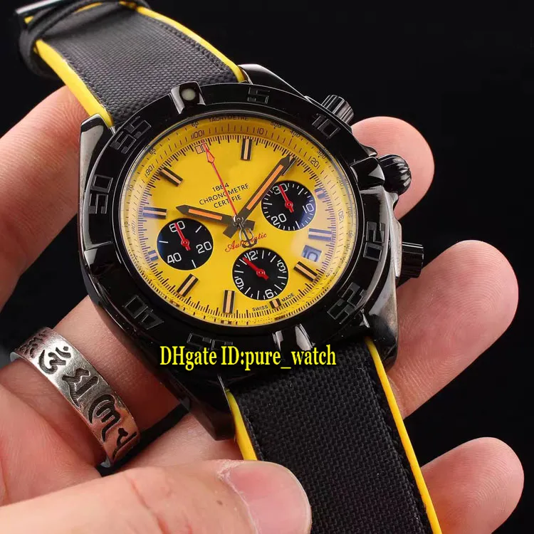 Novo 44mm pvd preto mb0111c3 mostrador amarelo quartzo cronógrafo relógio masculino pulseira de borracha de náilon alta qualidade relógios esportivos masculinos293p