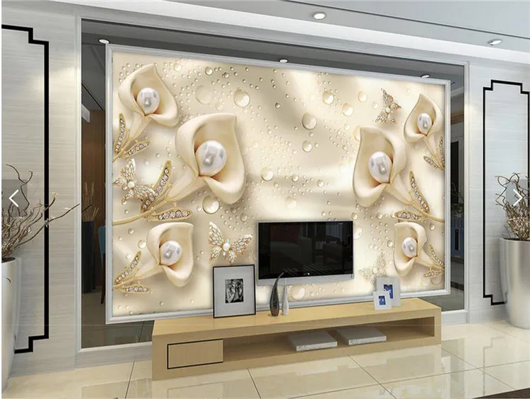Gioielli floreali in rilievo 3D Pearle PO Wallpaper Mural soggiorno divano TV Sfondo decorazioni da parete carta PEINT 3D personalizzata personalizzata268U3504745