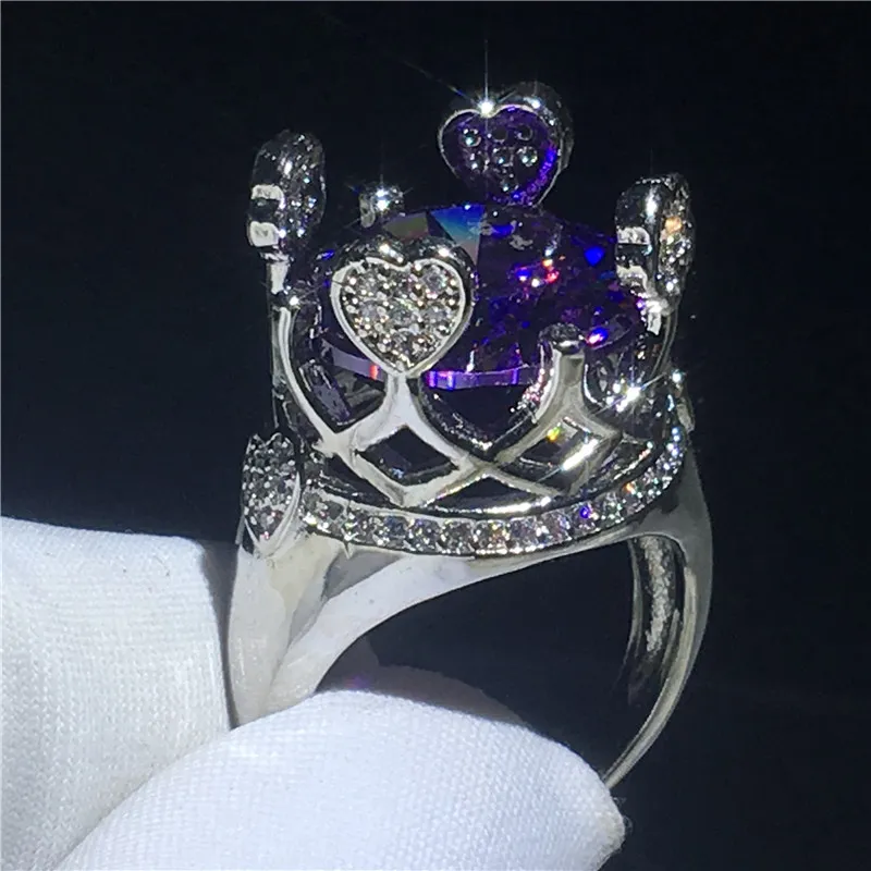 Superbe bague princesse couronne violet Cz cristal or blanc rempli fête bagues de mariage pour femmes bijoux en gros