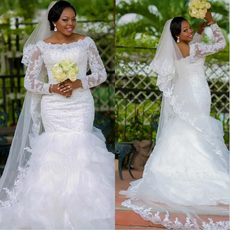 Plus Size Sukienka ślubna South African Koraliki Z Długim Rękawem Koronkowe Aplikacje Organza Syrenki Suknie Ślubne Robe De Bridal Suknie Ślubne