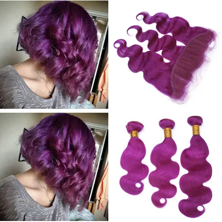 Malaio Cor Roxa Virgem Do Cabelo Humano Weave Onda Do Corpo Ondulado com 13x4 Rendas Frontal Encerramento Pure Roxo Feixes de Cabelo Humano Ofertas 4 Pcs Lote