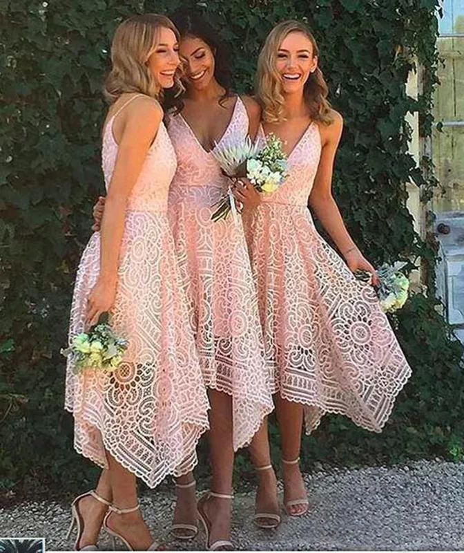 2019 New Bridesmaid Dresses Tea-Length Pink Lace Irregular Hem Spaghetti Straps Maid of Honor Country Beach Wedding Party Guest Gowns