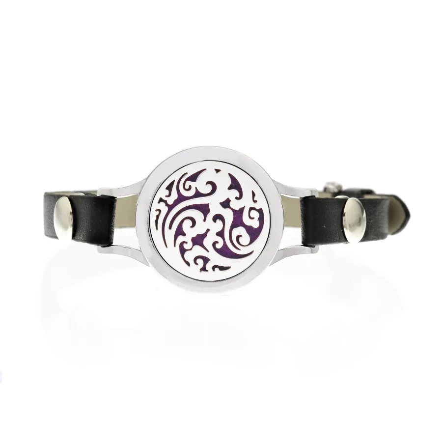 Trendiges 25-mm-Armband mit Baum des Lebens, Aroma-Diffusor für ätherische Öle, Damen-Charm-Armband, zu öffnen, mit schwarzem PU-Lederarmband