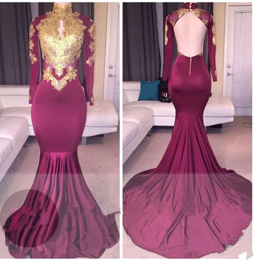 New African Burgundy Long Sleeve Gold Lace Prom Dresses Mermaid Satin Applique Beaded High Neck Backless Court Train Prom Party Gowns