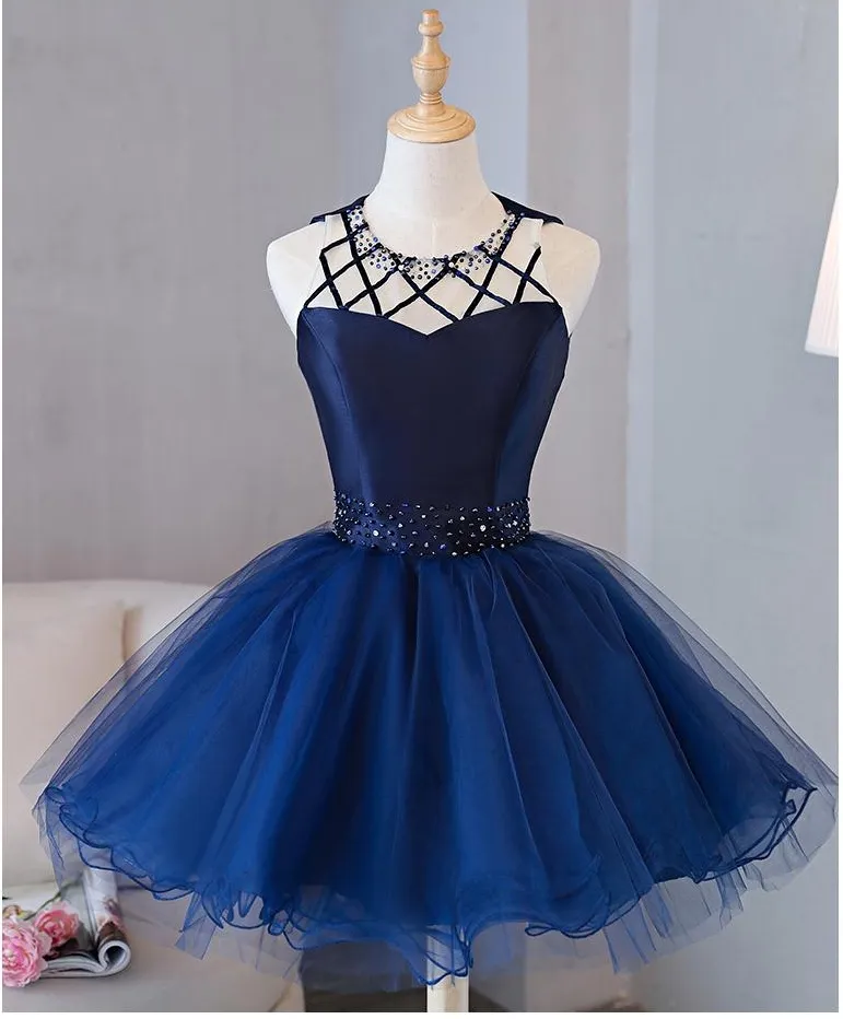 women elegant white formal dresses A-Line Satin Long Prom Dress, Navy Short Sleeve Evening Party Dress main image 1