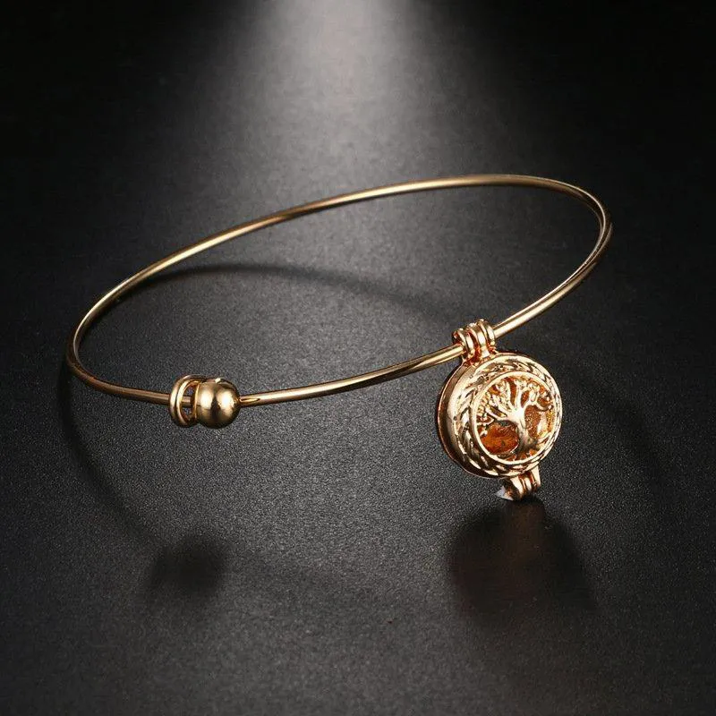 Pulsera con medallón difusor de perfume y aceite esencial de árbol de la vida de oro, brazalete con medallón de aromaterapia con piedra de lava y bola de algodón