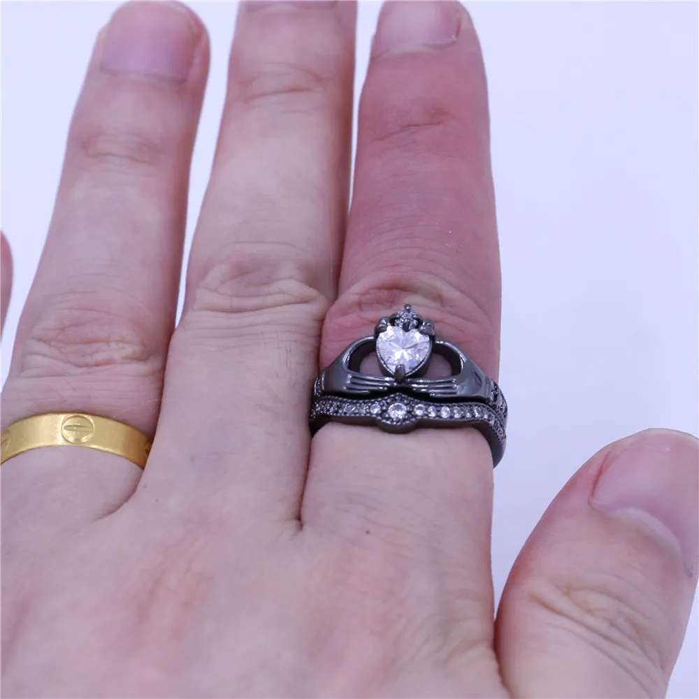 4 färger claddagh ring birthstone smycken bröllop band ringar set för kvinnor 5a zircon cz svart guld fylld kvinnlig party ring