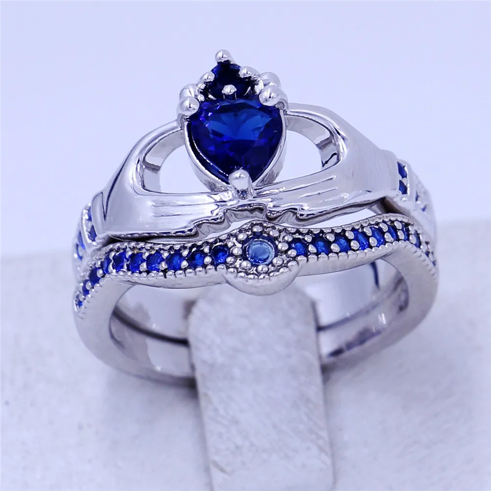 Liefhebbers Claddagh Ring Geboortesteen Sieraden Wedding Band Ringen Set voor Dames Hart Blauw 5A CZ Witgoud Gevuld Vrouwelijke Party Ring