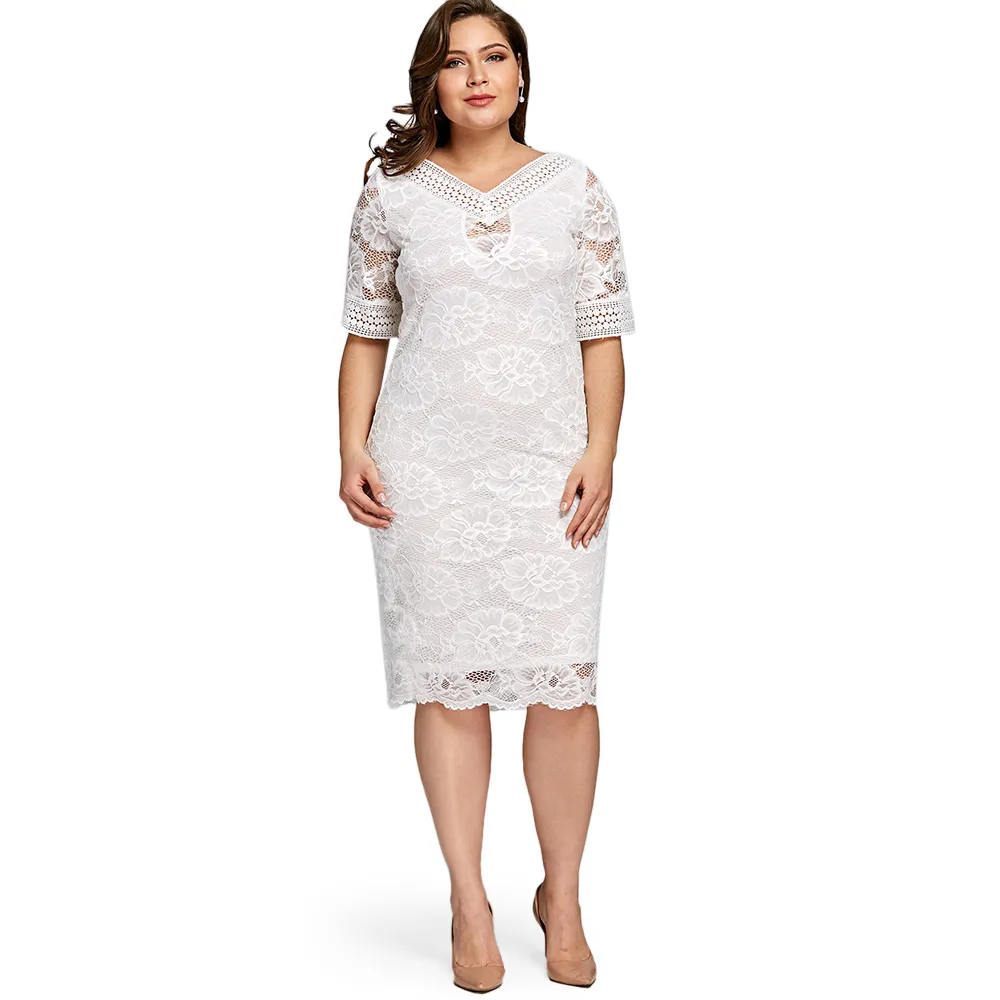 Gamiss Plus Size V Neck Half Sleeve Lace Dress Bodycon 2018 Women Fashion Sexy Office Club Work Ladies Dresses Big Size Vestido