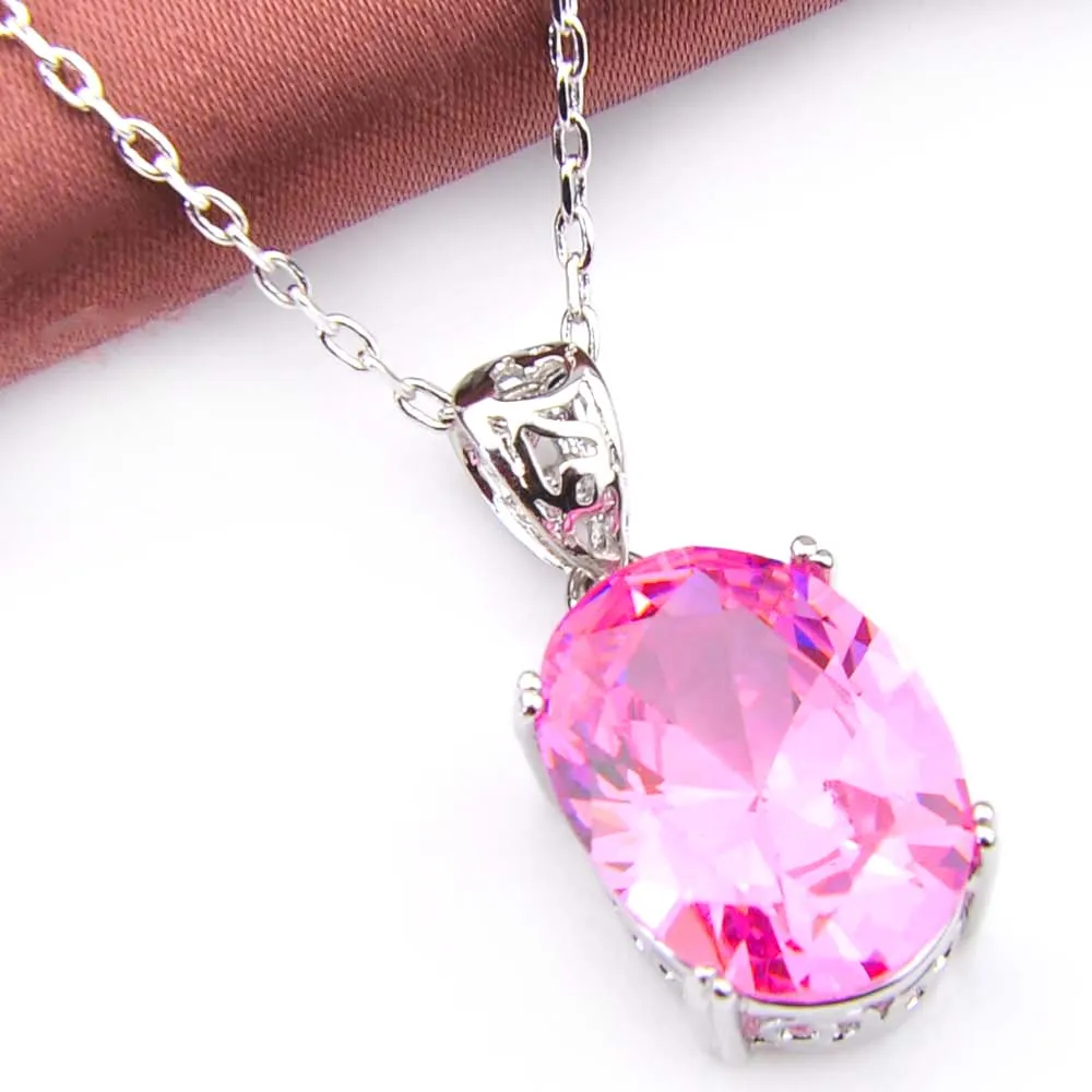 Novidade Luckyshine 5 Conjuntos Delicada Elipse Fogo Rosa Kunzite Cubic Zirconia 925 Pingentes de Prata Colares Brincos Presente Conjunto de Jóias de Casamento