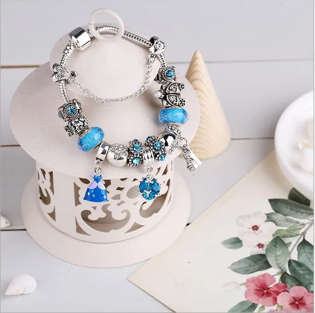 925 Sterling Silver Blue Charm perle fit Européenne Pandora Bracelets pour Femmes Cendrillon Cristal Chaussure Charme Perles Serpent Chaîne De Mode Bijoux