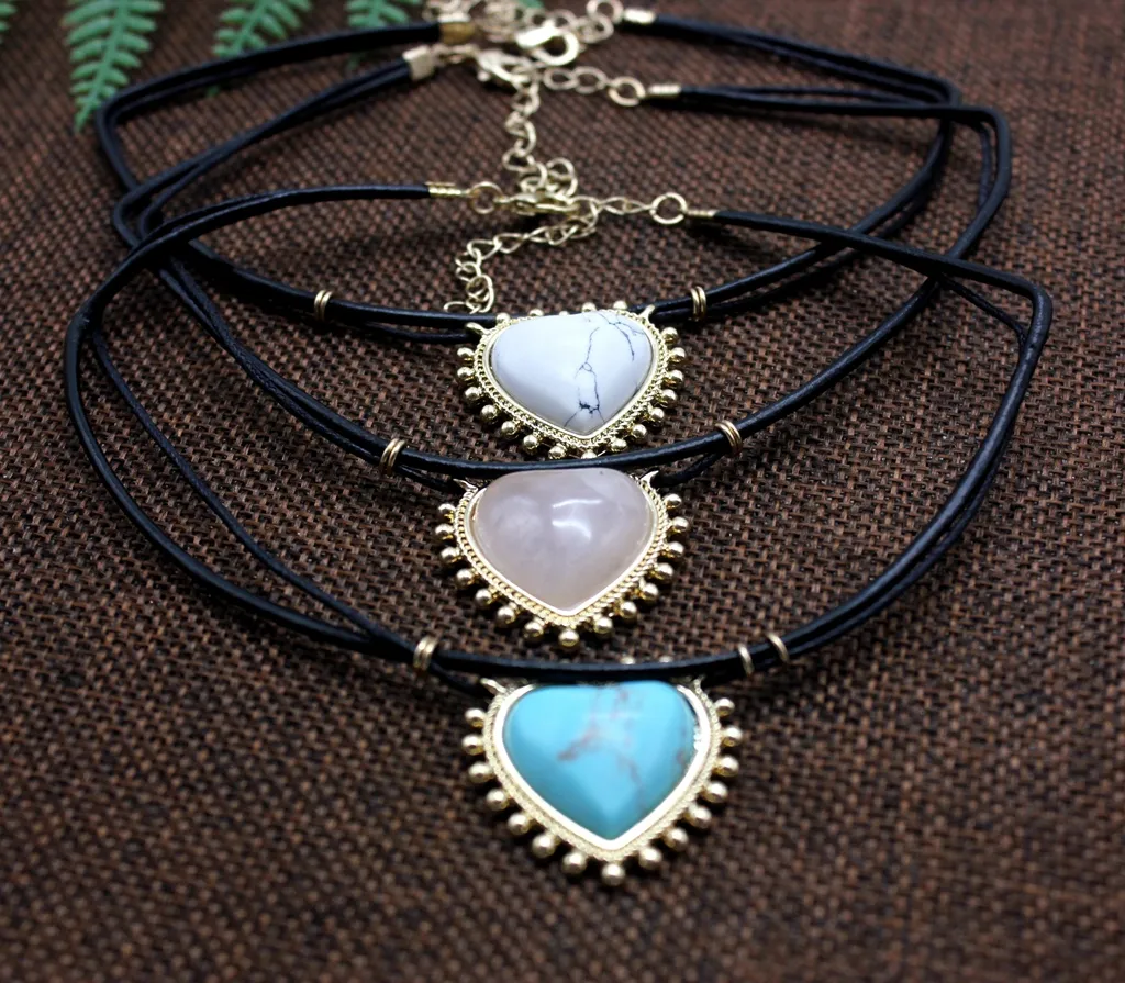 Moda coração amor natual pedra gargantilha colar branco Turquesa pingente de colar para as mulheres de jóias