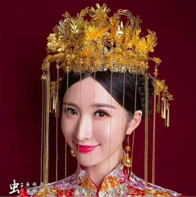 Novia, flor de oro chino, vestido antiguo, ropa para la cabeza, peluquería, vestido de boda, accesorios para el cabello.