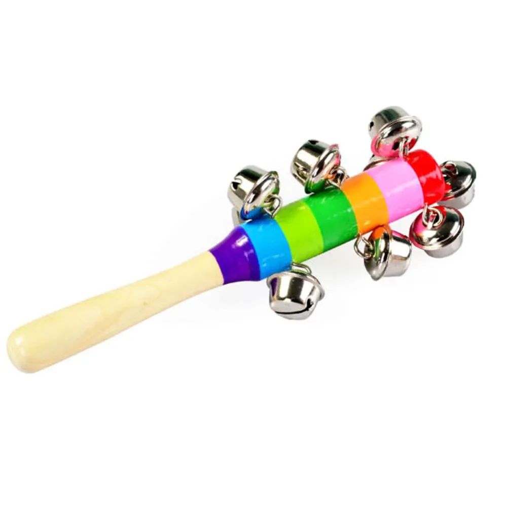 1 Stück Holzstab 10 Jingle Bells Regenbogen Hand schütteln Bell Rasseln Baby Kinder Kinder pädagogisches Spielzeug - zufällige Lieferung