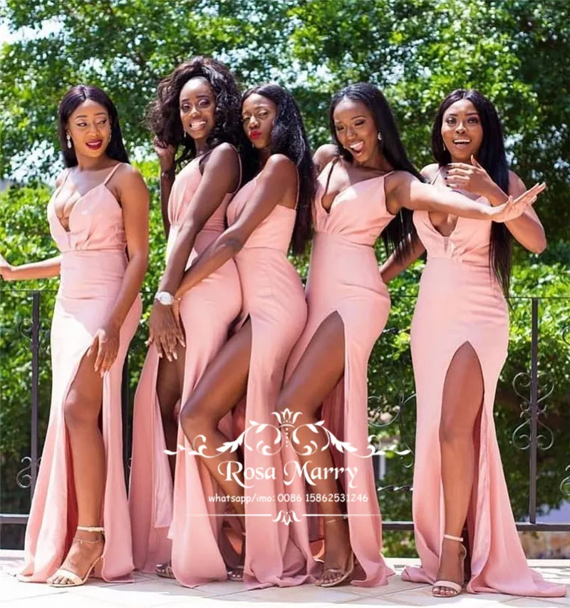 Sexy Pink Mermaid African Bridesmaids Dresses 2019 Plus Size High Split Long Satin Country Beach Maid of Honors Formal Wedding Guest Gowns