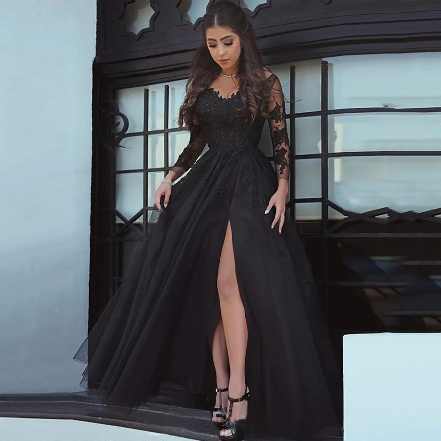 Amazing Black Prom Dresses Long Sheer Tulle Dress Sexy Split Side and Backless Appliques Evening Women Party Gowns