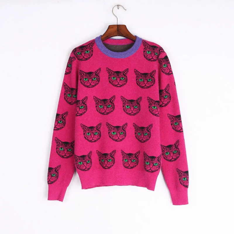 Märke Katter Mönstrade stickade plagg Damdesignerkläder Lyxiga crew Neck Slim Fit Pullovers High Street Designer Damkläder