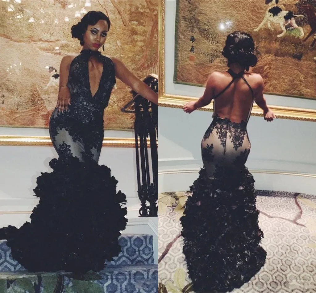 2018 African Mermaid Prom Dresses Black High Neck Keyhole Lace Applique Sequins Backless 3D Flowers Tiered Evening Dress Wear Party Gowns