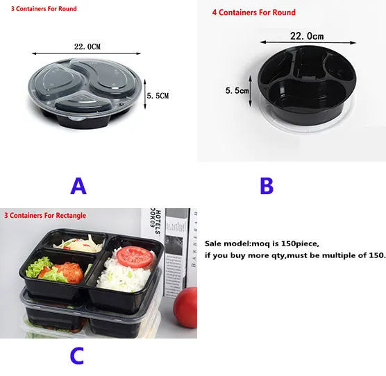 Wiederverwendbare Frischhaltedosen aus Kunststoff mit 3 oder 4 Fächern und Deckel, Einwegbehälter zum Herausnehmen, Lunchbox, mikrowellengeeignet, WX9-316