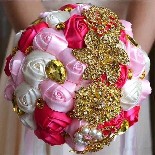 ゴージャスな結婚式のブライダルブーケアイボリーゴールドの光沢のある花人工的な結婚式の花束新しいクリスタル輝き花嫁の花嫁