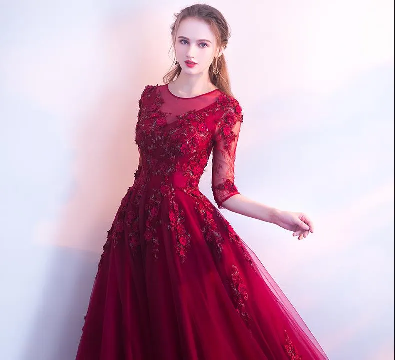 Robe De Soirée En Tulle Rouge Vin Pour Femmes, Tenue De Soirée Modeste, À  Manches Longues, Avec Des Appliques De Perles, Ligne A, Longueur Au Sol,  Robes Formelles Longues - Robes De