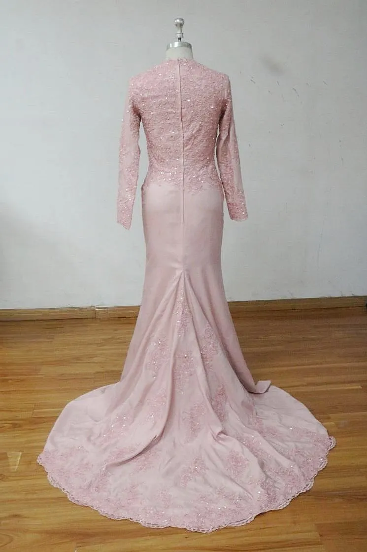 100% imagen real rosa polvoriento sirena musulmán vestidos de noche apliques de satén de manga larga vestidos de baile vestidos formales barrer tren