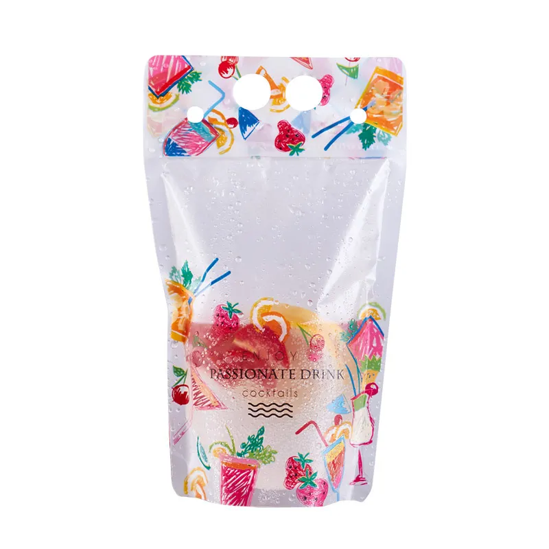 Pochette en plastique de sac d'emballage de boisson de modèle de fruit de 500ml pour le café de lait de jus de boisson, avec la poignée et les trous pour la paille LX0462