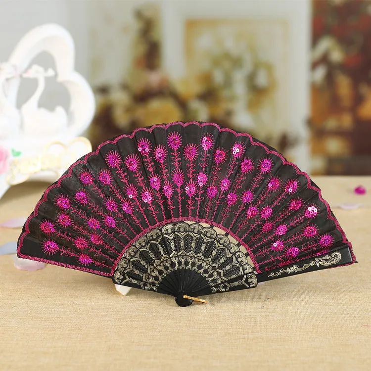 Broderade Sequins Hand Lace Flower Folding Fan Dancing Wedding Party Decoration Partihandel