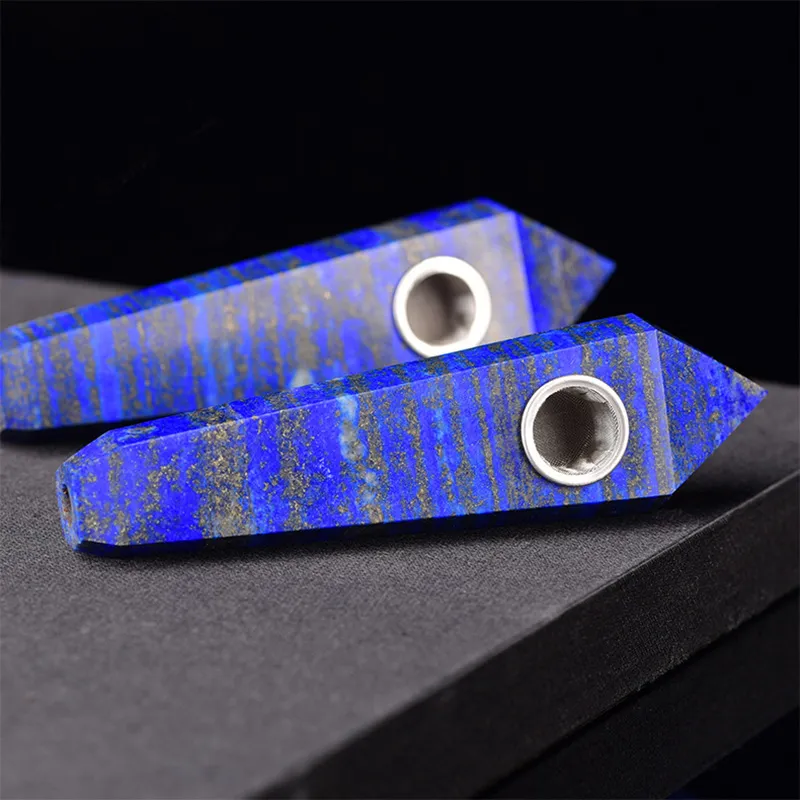 Tıknaz Kraliyet Doğal Lapis Lazuli Gem Taş Kuvars Kristal Değnek + Metal Süzgeç Sigara Boru Oyma Mavi Nokta Dikilitaş Taş Tütün Boru