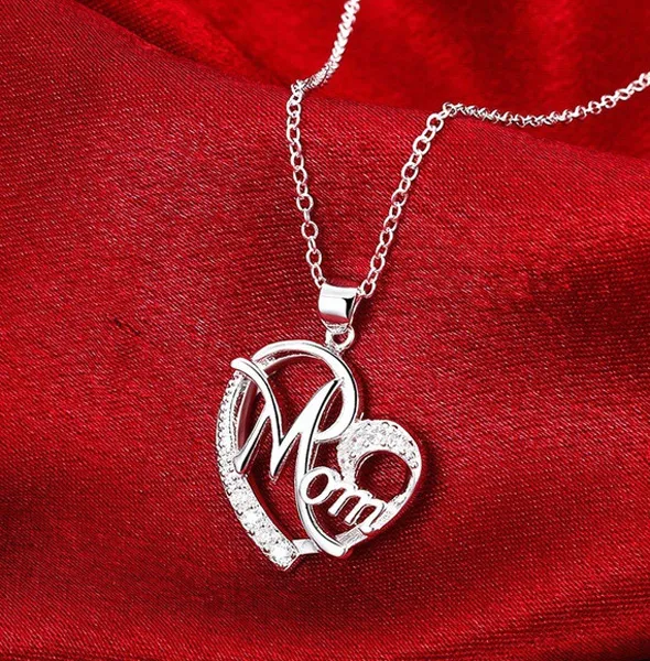 New Exquisite Love Heart Shaped Mom Pendant Necklace Crystal Diamond 925 Silver Rose Gold Clavicle Chain Women Choker Mother Day Gifts