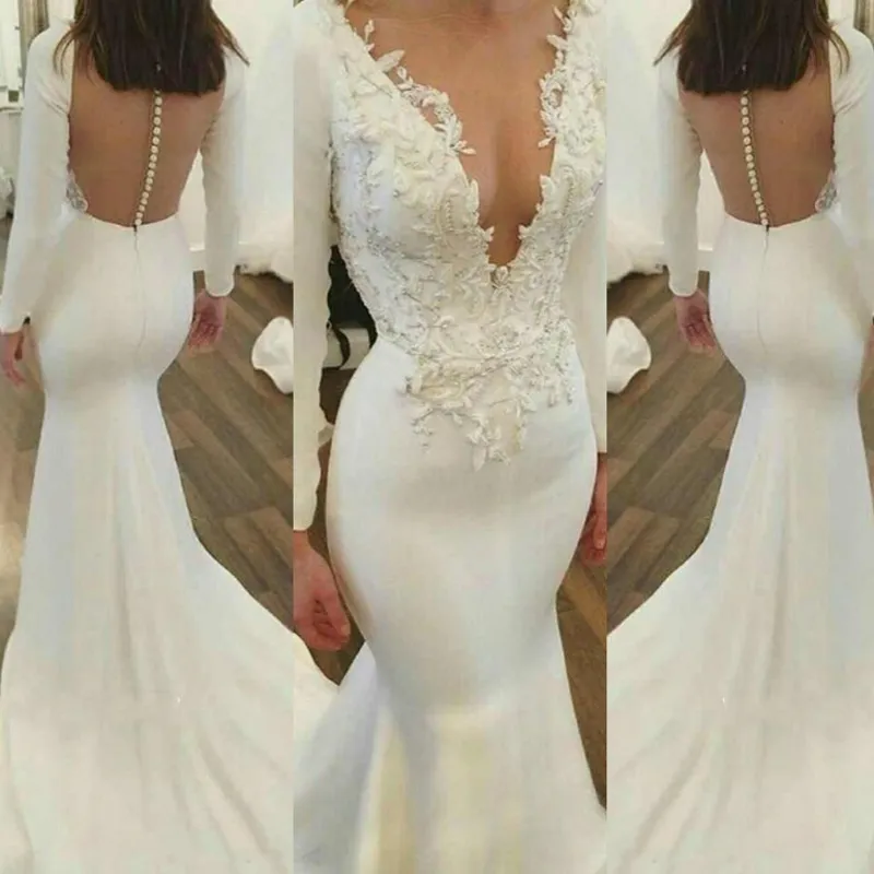 Abiti da sposa a sirena in raso bianco Appliques in pizzo Abiti da sposa da spiaggia con scollo a V profondo Abito da sposa sexy con maniche lunghe e maniche lunghe