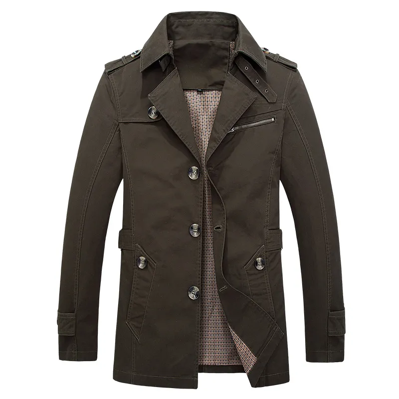 New Spring Mens Khaki Trench Coat Full längd Slim Fit Mens Long Coat M-5XL Stand Collar Mens Business Coats and Jacket